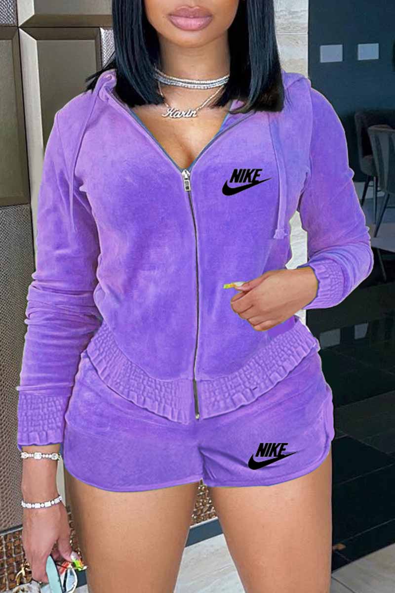 

Purple Fashion Casual Print Patchwork Letter Hooded Collar Long Sleeve Two Pieces