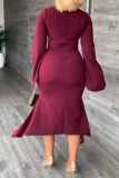 Burgundy Sexy Solid Patchwork O Neck Trumpet Mermaid Dresses