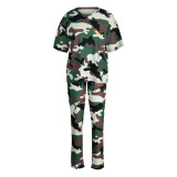 Army Green Casual Camouflage Print Patchwork O Neck Short Sleeve Two Pieces