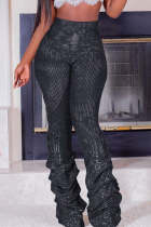 Black Sexy Solid Fold Boot Cut High Waist Speaker Solid Color Bottoms