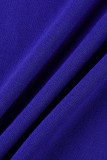 Blaue Art und Weise lässig plus Größe solide Quaste Patchwork V-Ausschnitt langes Kleid