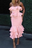 ピンク ファッション セクシー フォーマル ソリッド パッチワーク ストラップレス イブニング ドレス