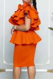 Orange Fashion Sexy Formal Solid Patchwork Backless Oblique Collar Evening Dress