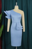 Sky Blue Fashion Casual Solid Patchwork Backless Oblique Collar Evening Dress