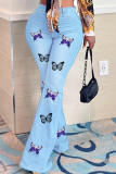 Vaqueros de mezclilla regular de cintura alta con estampado de mariposa informal de moda azul bebé