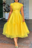 Флуоресцентные желтые модные повседневные однотонные лоскутные платья трапециевидной формы
