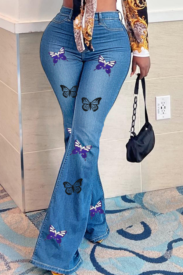 Blaue, modische, lässige, hoch taillierte, regelmäßige Denim-Jeans mit Schmetterlingsdruck
