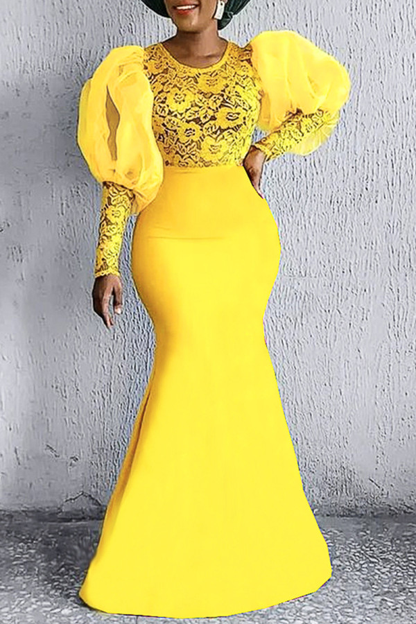 Amarelo moda formal sólido patchwork transparente vestido de noite com decote em O