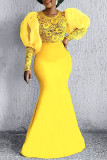 Желтое модное официальное сплошное лоскутное прозрачное вечернее платье с круглым вырезом