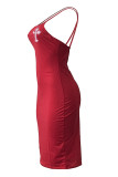 Burgundy Fashion Sexy Print Backless Spaghetti Strap Sleeveless Dress Dresses