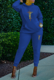 Синий Модный принт Пэчворк Воротник с капюшоном Длинный рукав Из двух частей
