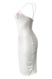 White Fashion Sexy Print Backless Spaghetti Strap Sleeveless Dress Dresses