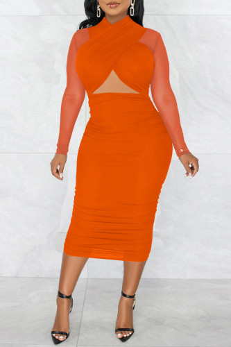 Orange Fashion Sexy Solid Hollowed Out Patchwork See-through Fold Long Sleeve Dresses