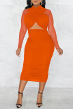 Robes à manches longues à plis transparents en patchwork sexy à la mode orange