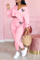 Pink Fashion Print Patchwork V Neck Long Sleeve Two Pieces