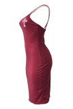 Red Fashion Sexy Print Backless Spaghetti Strap Sleeveless Dress Dresses