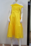 Fluorescerend geel mode casual effen patchwork A-lijn jurken