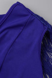 Blauwe mode casual plus size effen kwastje patchwork v-hals lange jurk