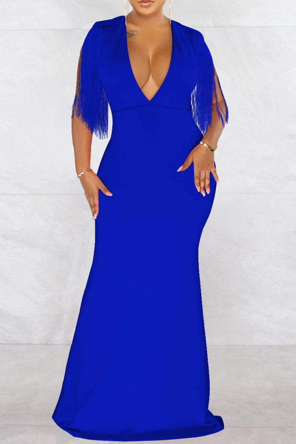 Vestido longo azul fashion sexy com borla patchwork decote em v