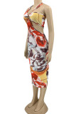 Multicolor Sexy Print Hollowed Out Patchwork Asymmetrical Halter Pencil Skirt Dresses