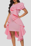 ピンク ファッション フォーマル ソリッド パッチワーク 非対称 O ネック イブニング ドレス