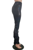 Altavoz de cintura alta con corte de bota y pliegue sólido sexy negro Parte inferior de color sólido