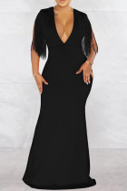 ブラック ファッション セクシー ソリッド タッセル パッチワーク V ネック ロング ドレス
