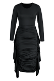 ブラックファッションソリッドフラウンスOネックペンシルスカートドレス