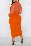 Robes à manches longues à plis transparents en patchwork sexy à la mode orange