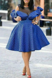 Vestidos de retalhos casuais de moda azul transparentes com decote em linha