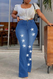Mörkblått Mode Casual Stjärnorna Patchwork Vanliga jeans med hög midja