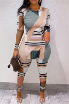 Stripe Fashion Casual Print Schlitz O-Ausschnitt Langarm Zweiteiler