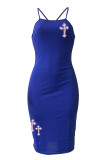 Blue Fashion Sexy Print Backless Spaghetti Strap Sleeveless Dress Dresses