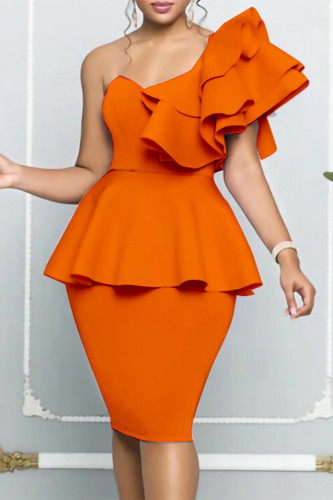 Robe de soirée à col oblique dos nu en patchwork solide sexy à la mode orange