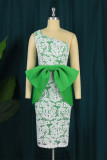 Vestido de noche de cuello oblicuo con lazo sin espalda de patchwork formal sexy de moda verde