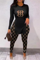 Black Brown Fashion Casual Print Slit O Neck Long Sleeve Two Pieces