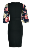 Черная модная юбка-карандаш с принтом в стиле пэчворк и круглым вырезом Платья