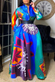 Robe longue décontractée à la mode sans positionnement imprimé patchwork col rond bleu