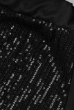Negro Sexy Sólido Lentejuelas Turndown Collar Tallas grandes Tres piezas