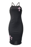 Black Fashion Sexy Print Backless Spaghetti Strap Sleeveless Dress Dresses