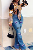Babyblått Mode Casual Butterfly Print Vanliga jeans med hög midja