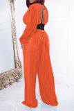 Tangerine Red Casual Solid Backless V Neck Long Sleeve Two Pieces
