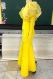Желтое модное официальное сплошное лоскутное прозрачное вечернее платье с круглым вырезом