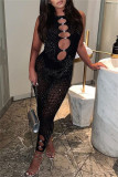 Black Fashion Sexy Patchwork Hot Drilling Hollowed Out See-through O Neck Skinny Jumpsuits