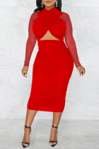 Rote Mode Sexy Solide Ausgehöhlte Patchwork Durchsichtige Falte Langarmkleider