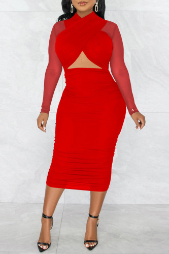 Red Fashion Sexy Solid Hollowed Out Patchwork See-through Fold Long Sleeve Dresses