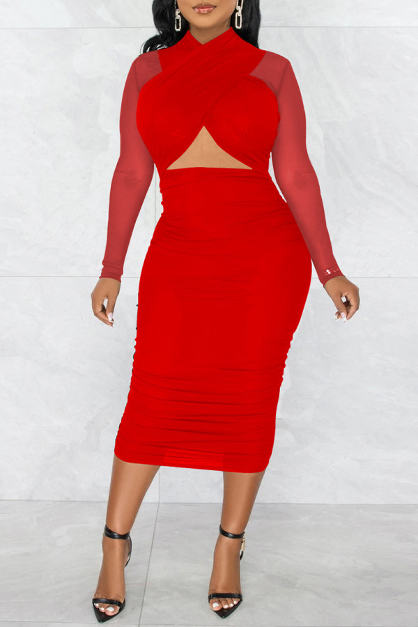 Rode mode sexy effen uitgeholde patchwork doorschijnende vouw jurken met lange mouwen