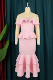 Розовое модное сексуальное вечернее платье без бретелек из сплошного пэчворка