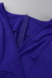 ブルー ファッション カジュアル プラス サイズ ソリッド タッセル パッチワーク V ネック ロング ドレス