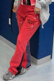 Rote, lässige Sportswear-Druck-Patchwork-Gerade mit hoher Taille und gerader Positionierung von Druckunterteilen